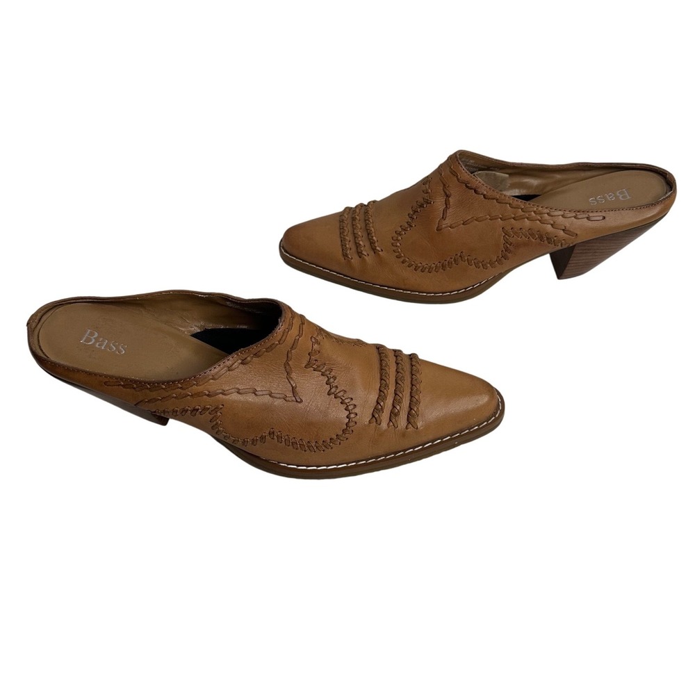 Bass Riata Tan Western Slip-on Clogs Lacing Detail‎ Stacked Heel Size 8.5 boho